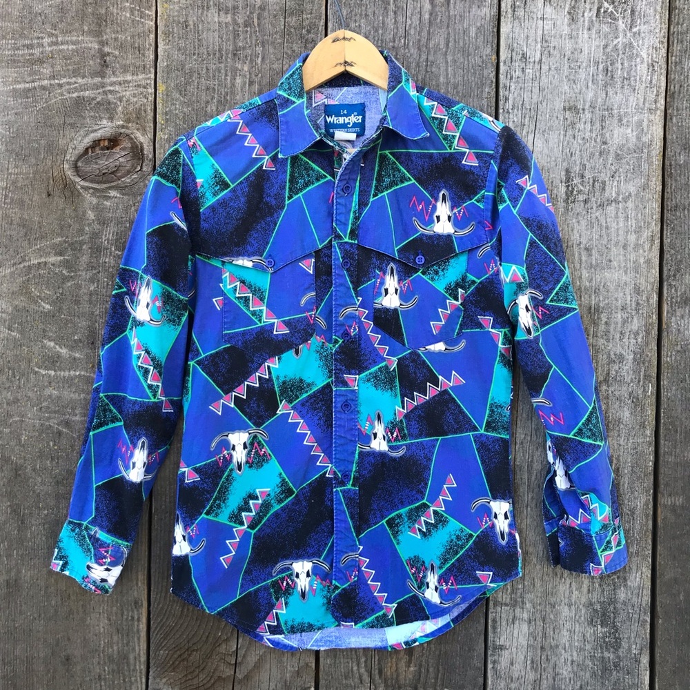 VTG 80s-90s Wrangler Boys Southwest Geometric Pattern Rodeo Shirt Size 14
